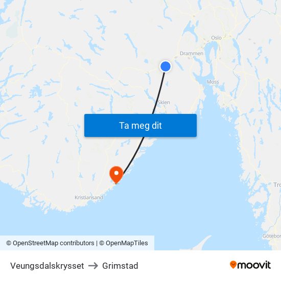 Veungsdalskrysset to Grimstad map