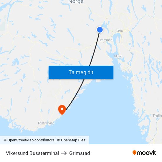 Vikersund Bussterminal to Grimstad map