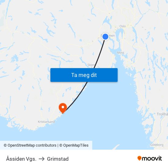 Åssiden Vgs. to Grimstad map