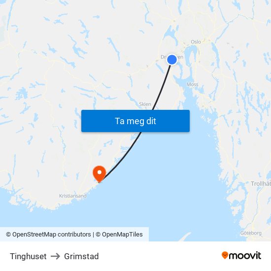 Tinghuset to Grimstad map