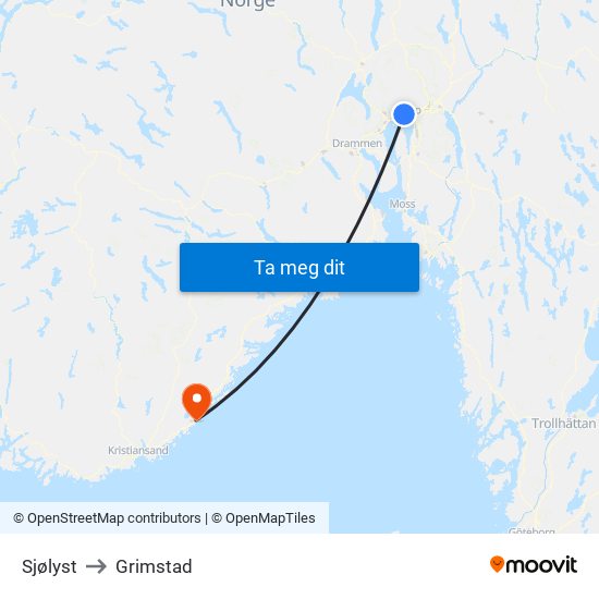 Sjølyst to Grimstad map