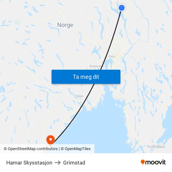 Hamar Skysstasjon to Grimstad map