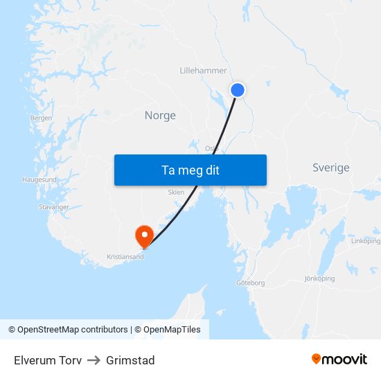 Elverum Torv to Grimstad map