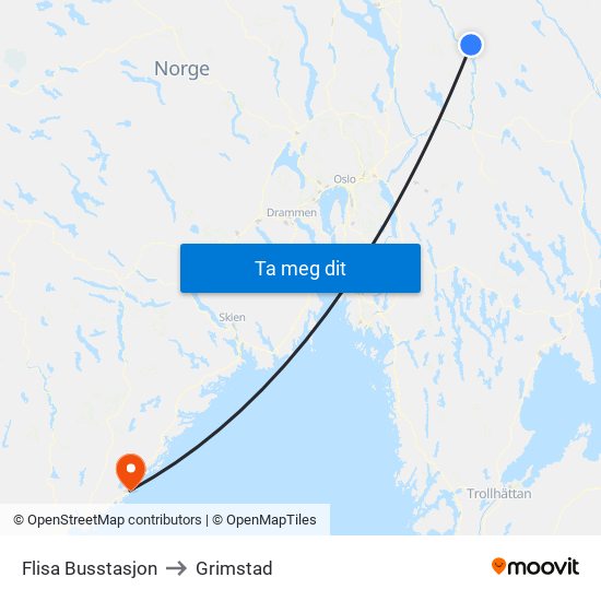 Flisa Busstasjon to Grimstad map