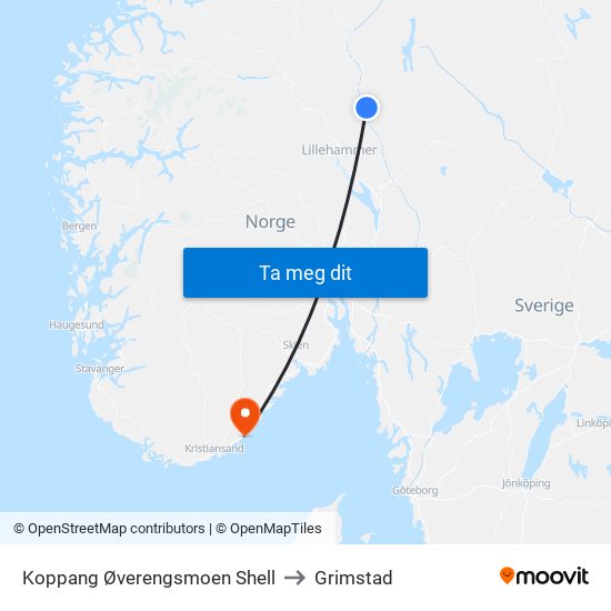 Koppang Øverengsmoen Shell to Grimstad map