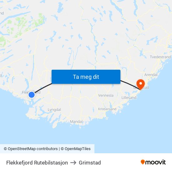 Flekkefjord Rutebilstasjon to Grimstad map