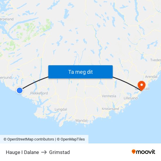 Hauge I Dalane to Grimstad map