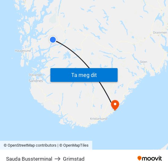 Sauda Bussterminal to Grimstad map