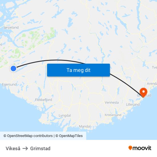 Vikeså to Grimstad map