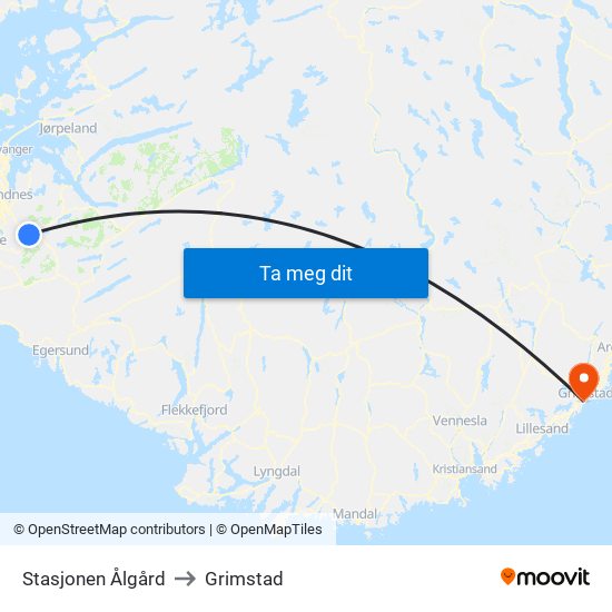 Stasjonen Ålgård to Grimstad map