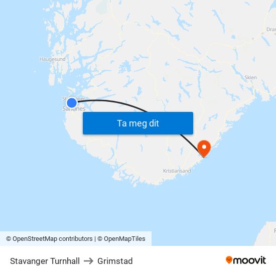 Stavanger Turnhall to Grimstad map