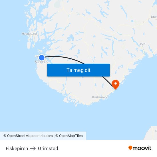Fiskepiren to Grimstad map