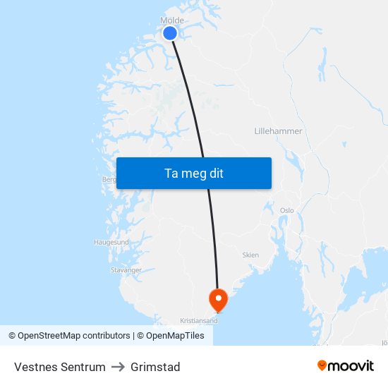 Vestnes Sentrum to Grimstad map