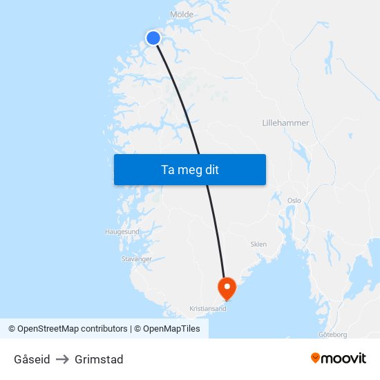 Gåseid to Grimstad map