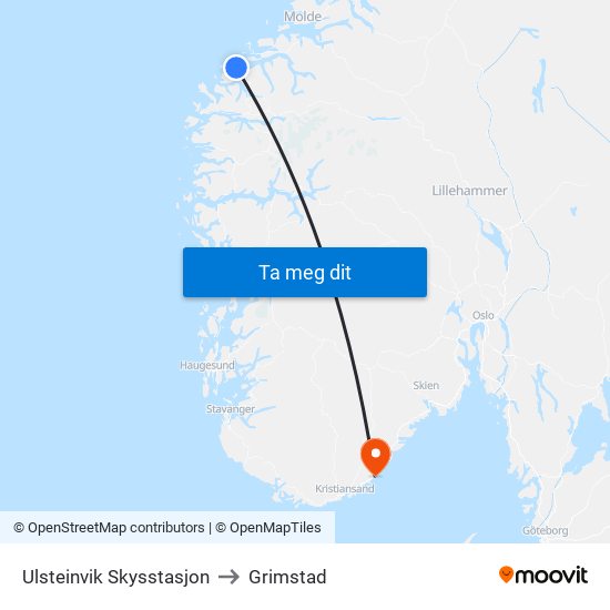 Ulsteinvik Skysstasjon to Grimstad map