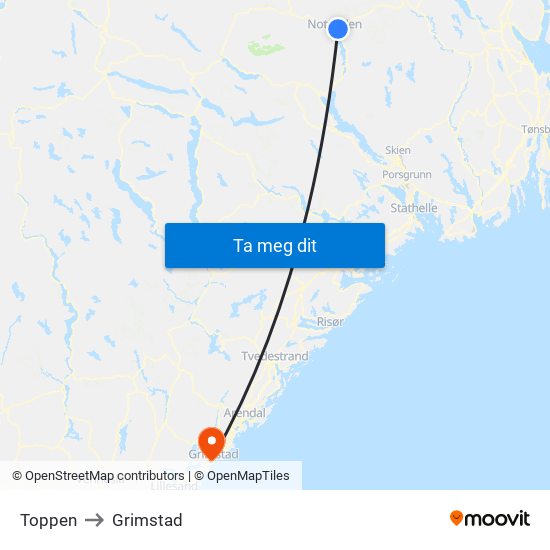 Toppen to Grimstad map
