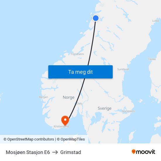 Mosjøen Stasjon E6 to Grimstad map