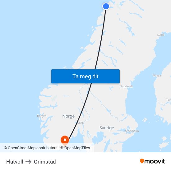 Flatvoll to Grimstad map