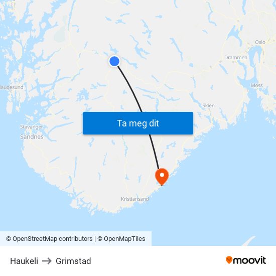 Haukeli to Grimstad map