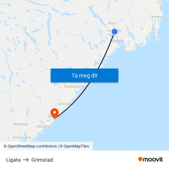 Ligata to Grimstad map
