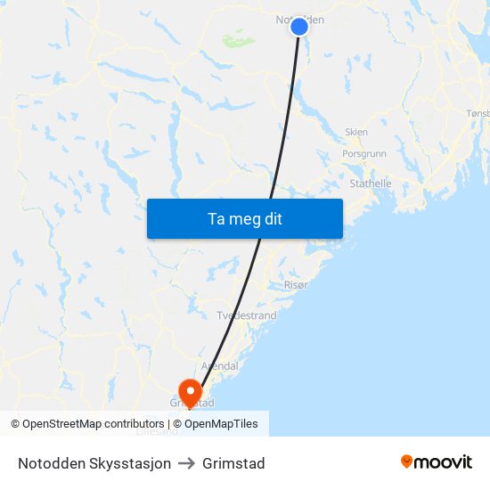 Notodden Skysstasjon to Grimstad map