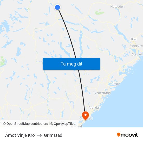 Åmot Vinje Kro to Grimstad map