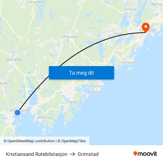 Kristiansand Rutebilstasjon to Grimstad map