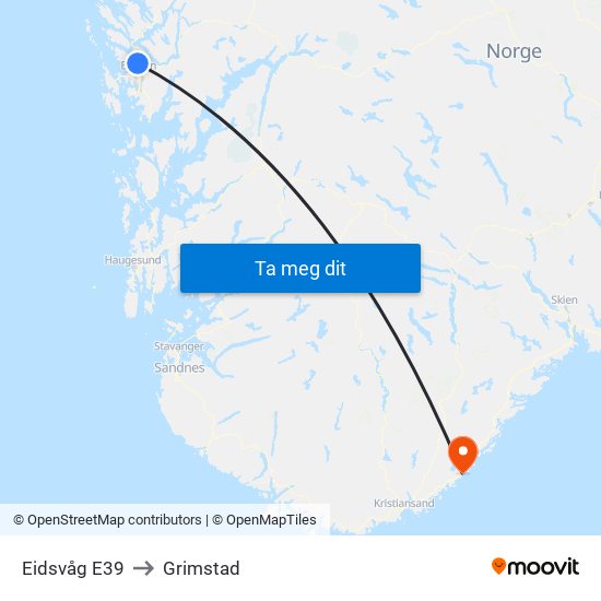 Eidsvåg E39 to Grimstad map