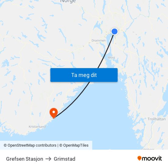 Grefsen Stasjon to Grimstad map