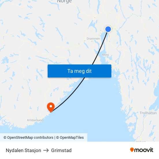 Nydalen Stasjon to Grimstad map