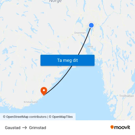 Gaustad to Grimstad map