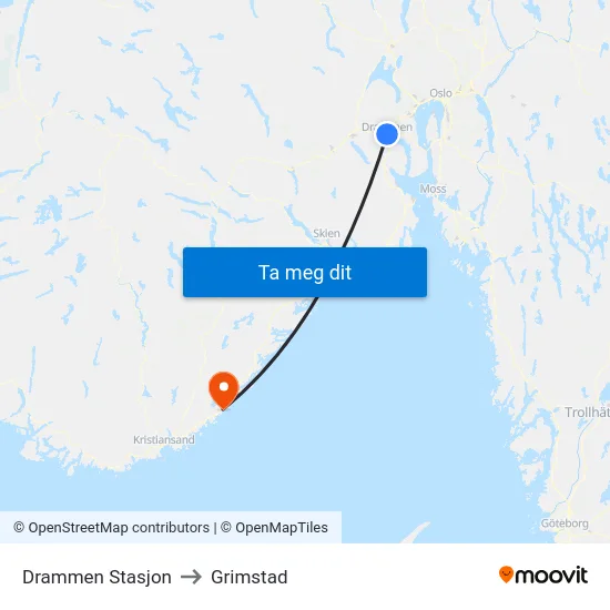 Drammen Stasjon to Grimstad map