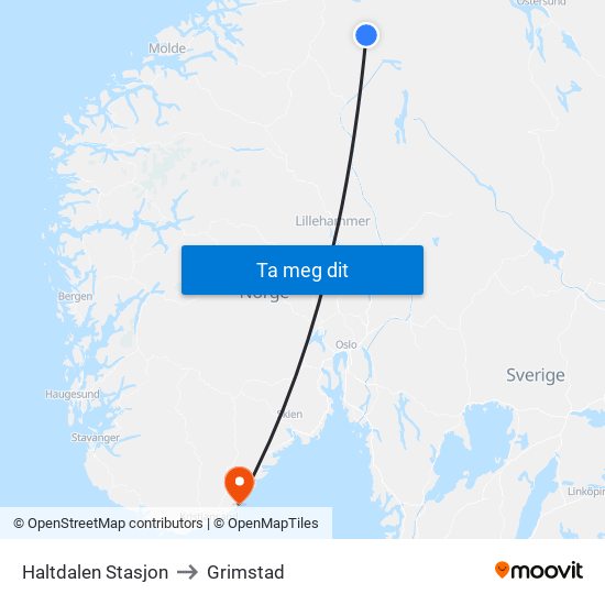 Haltdalen Stasjon to Grimstad map