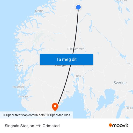 Singsås Stasjon to Grimstad map
