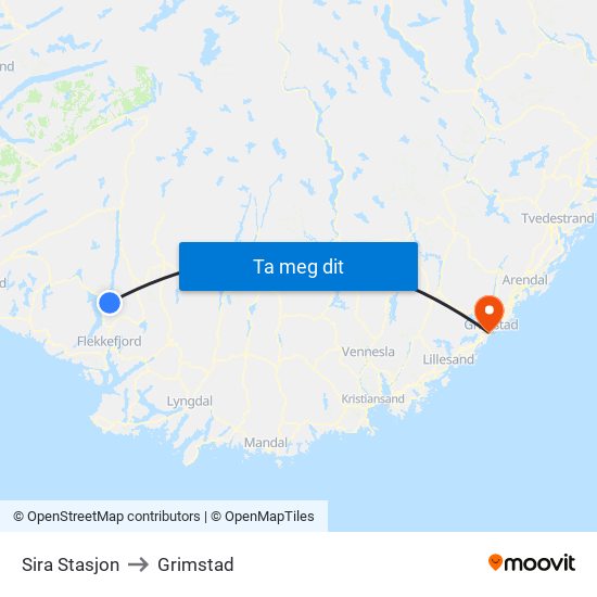 Sira Stasjon to Grimstad map