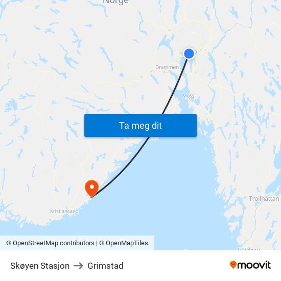 Skøyen Stasjon to Grimstad map