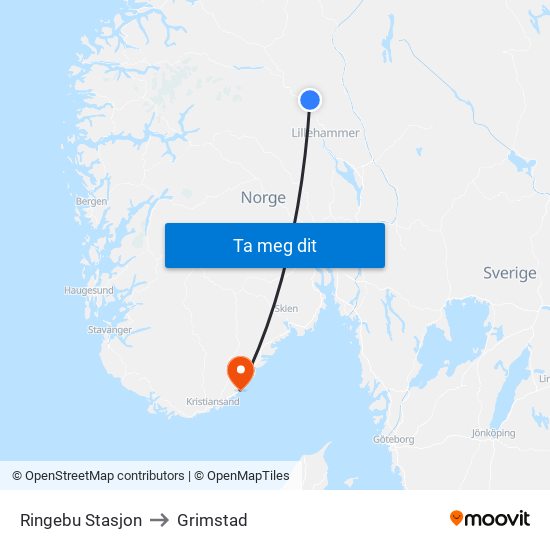Ringebu Stasjon to Grimstad map