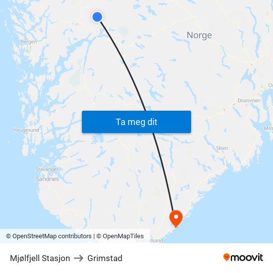 Mjølfjell Stasjon to Grimstad map