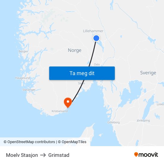 Moelv Stasjon to Grimstad map