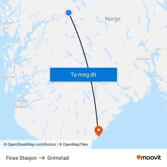 Finse Stasjon to Grimstad map