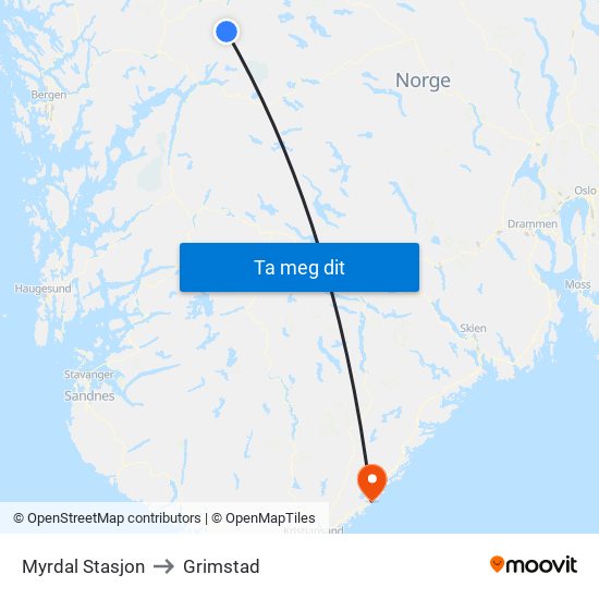 Myrdal Stasjon to Grimstad map