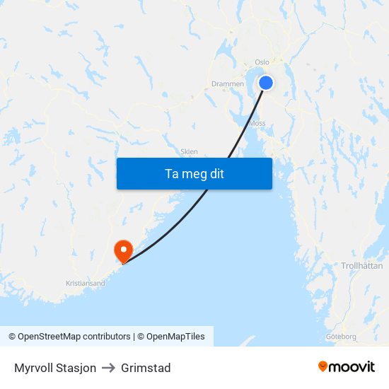 Myrvoll Stasjon to Grimstad map