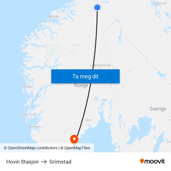 Hovin Stasjon to Grimstad map