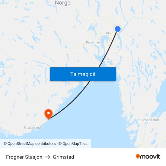 Frogner Stasjon to Grimstad map