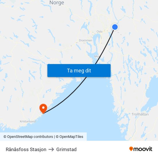 Rånåsfoss Stasjon to Grimstad map