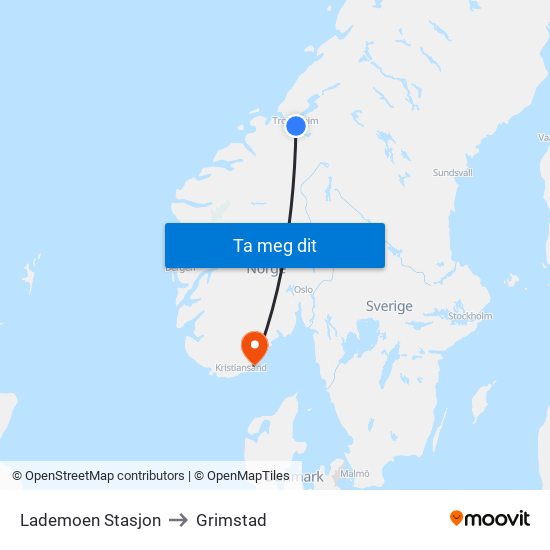 Lademoen Stasjon to Grimstad map