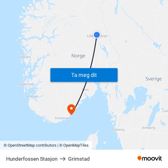 Hunderfossen Stasjon to Grimstad map