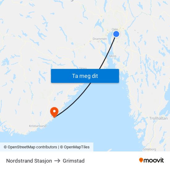 Nordstrand Stasjon to Grimstad map