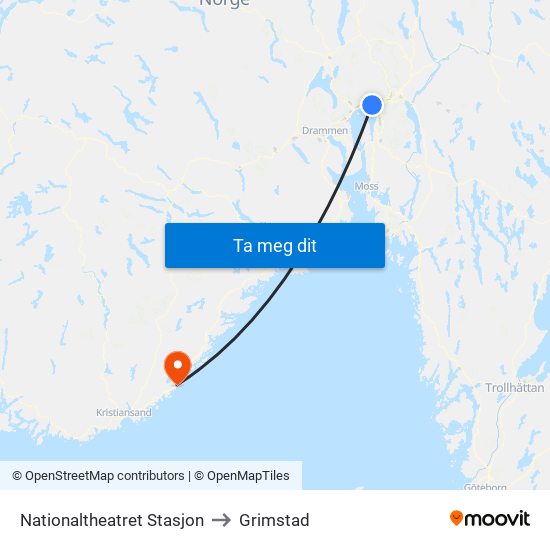 Nationaltheatret Stasjon to Grimstad map