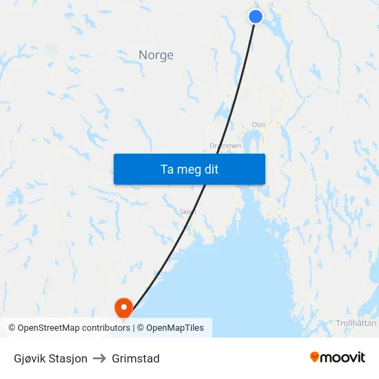 Gjøvik Stasjon to Grimstad map
